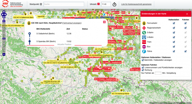In der Umgebung von Dresden und Leipzig ist der Fernverkehr sichtbar. (VBB/cc-by-sa 2.0 Openstreetmap.org/Screenshot: Golem.de)